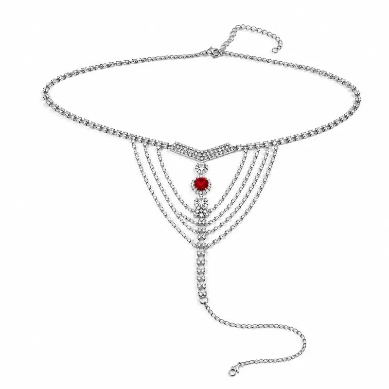 Women's Adjustable Rhinestone Waist Chain - Crystal Accents, Red Gem Pendant, Elephant Pattern Romantic Accessories for Summer Beach Wear, Party Outfits Sohochic Female Body Jewelry
