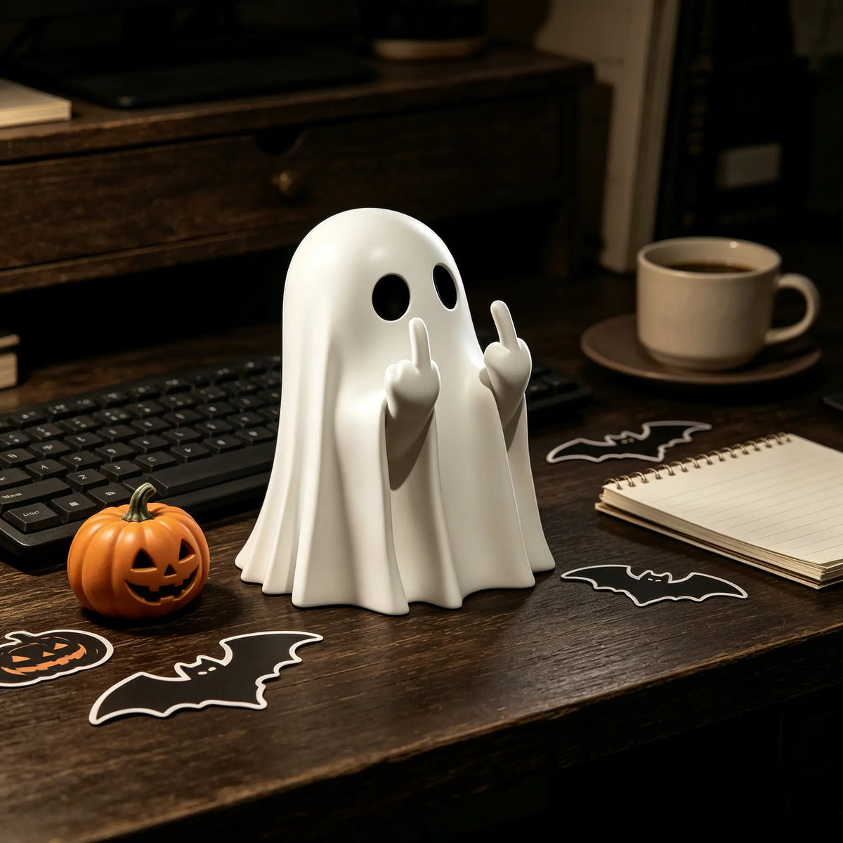 Halloween Ghost Figurine - Spooky Cute Resin Middle Finger Ghost Statue, Perfect for Porch & Indoor Halloween Decor， Anime-Style