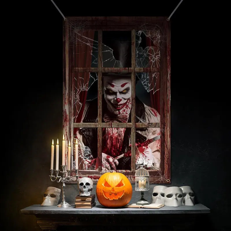 2/3 Pcs Halloween Window Cover Decoration, Bloody Creepy Clown Scene Curtains for Haunted House, Reusable Fabric Horror Decorations for Indoor Outdoor Party, 31 x 47 Inches