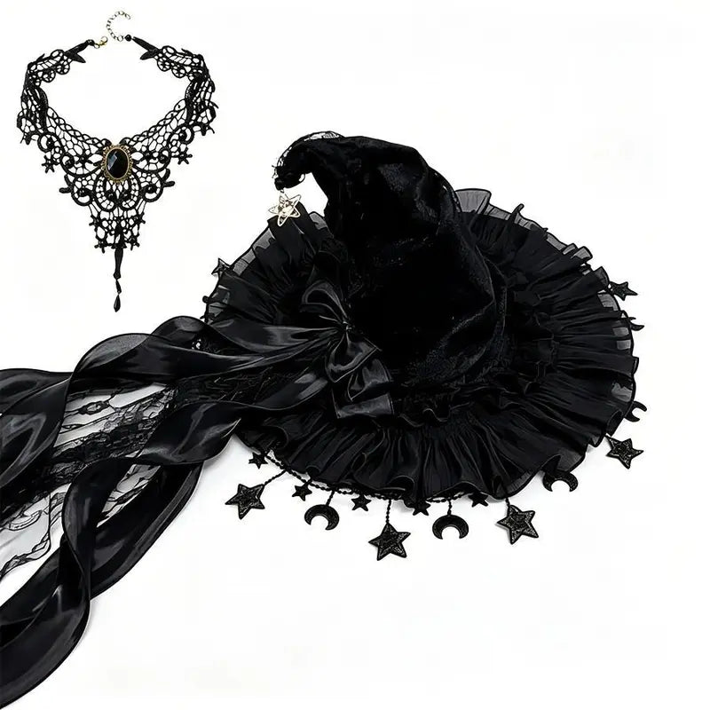 Women's 2-Piece Gothic Aesthetic Polyester Accessory Set - Tulle Witch Hat with Long Satin Ribbon Bow, Moon Star Pendant Necklace for Halloween, Fairycore Party Photoshoot, Accessories