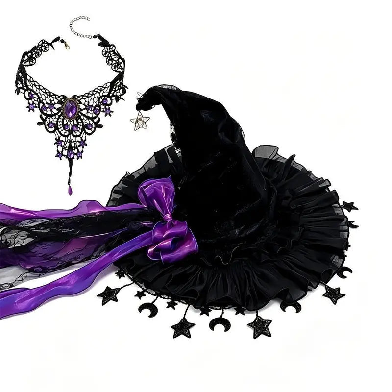 Women's 2-Piece Gothic Aesthetic Polyester Accessory Set - Tulle Witch Hat with Long Satin Ribbon Bow, Moon Star Pendant Necklace for Halloween, Fairycore Party Photoshoot, Accessories