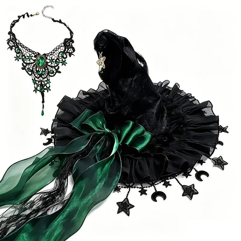 Women's 2-Piece Gothic Aesthetic Polyester Accessory Set - Tulle Witch Hat with Long Satin Ribbon Bow, Moon Star Pendant Necklace for Halloween, Fairycore Party Photoshoot, Accessories