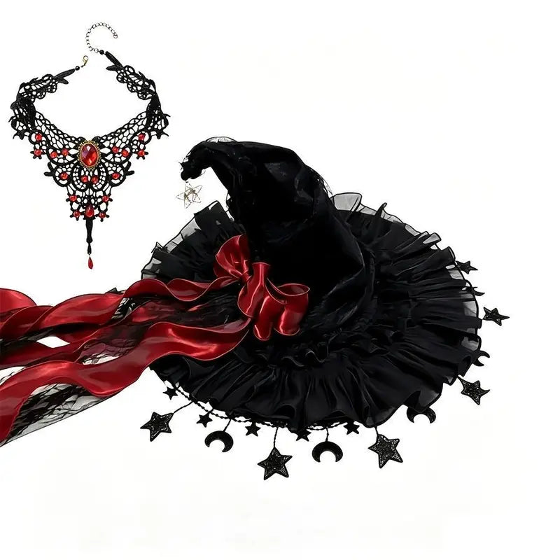 Women's 2-Piece Gothic Aesthetic Polyester Accessory Set - Tulle Witch Hat with Long Satin Ribbon Bow, Moon Star Pendant Necklace for Halloween, Fairycore Party Photoshoot, Accessories