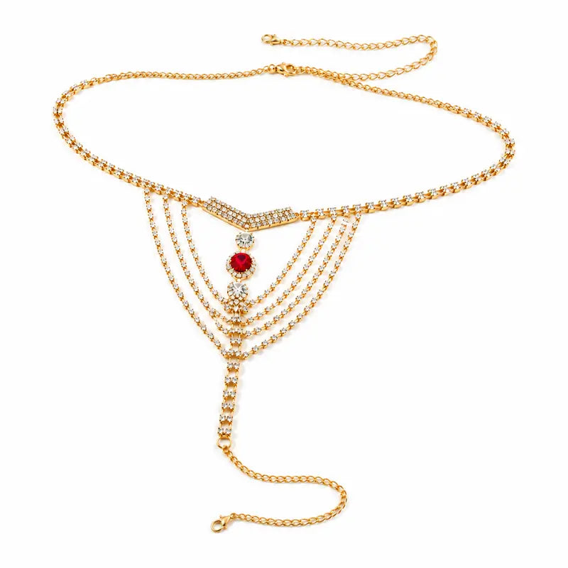 Women's Adjustable Rhinestone Waist Chain - Crystal Accents, Red Gem Pendant, Elephant Pattern Romantic Accessories for Summer Beach Wear, Party Outfits Sohochic Female Body Jewelry