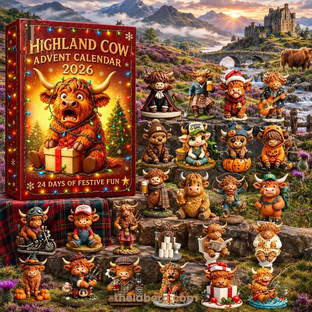 Highland Cow Advent Calendar 2026 with 24 Collectible Tartan Dressed Cow Figures