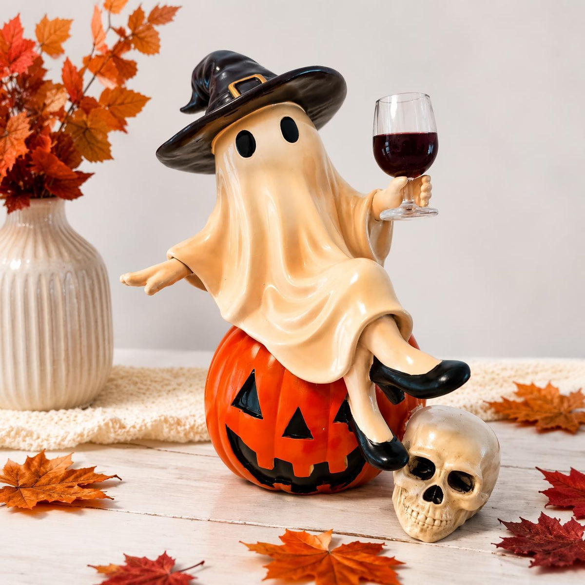 Halloween Ghost Statue with Wine Glass - Spooky Decor for Home, Party & Gift Giving