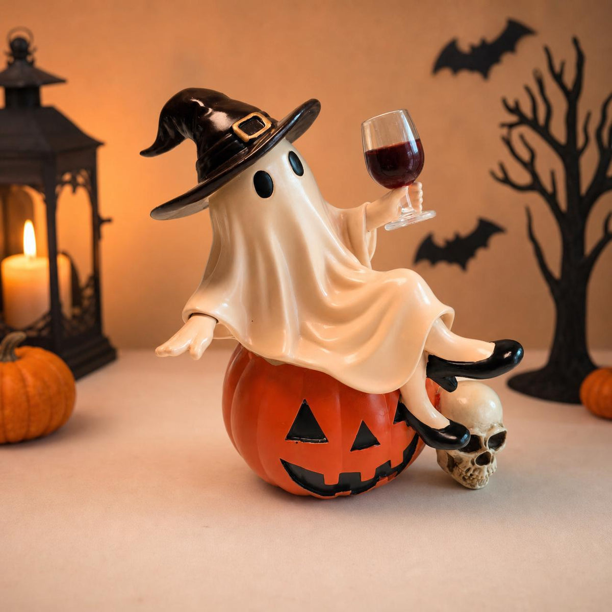 Halloween Ghost Statue with Wine Glass - Spooky Decor for Home, Party & Gift Giving